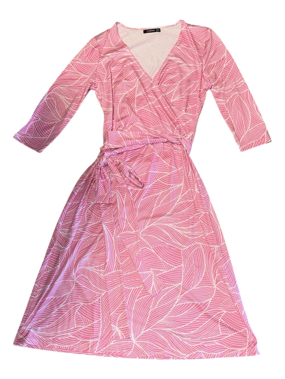 PattyBoutik Pink Wrap Dress Midi Wedding Guest Leaf Print Medium 3/4 Sleeve